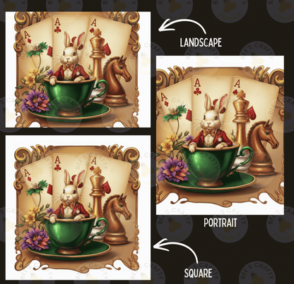 The image is a collage of two square images, each depicting a landscape with a rabbit, a horse, and a cup of tea. The rabbit is sitting in the cup, and the horse is standing next to the cup. The cup is surrounded by various objects, such as flowers, cards, and a chessboard. The image on the left is labeled "LANDscape" and the one on the right is labeled "Portrait".