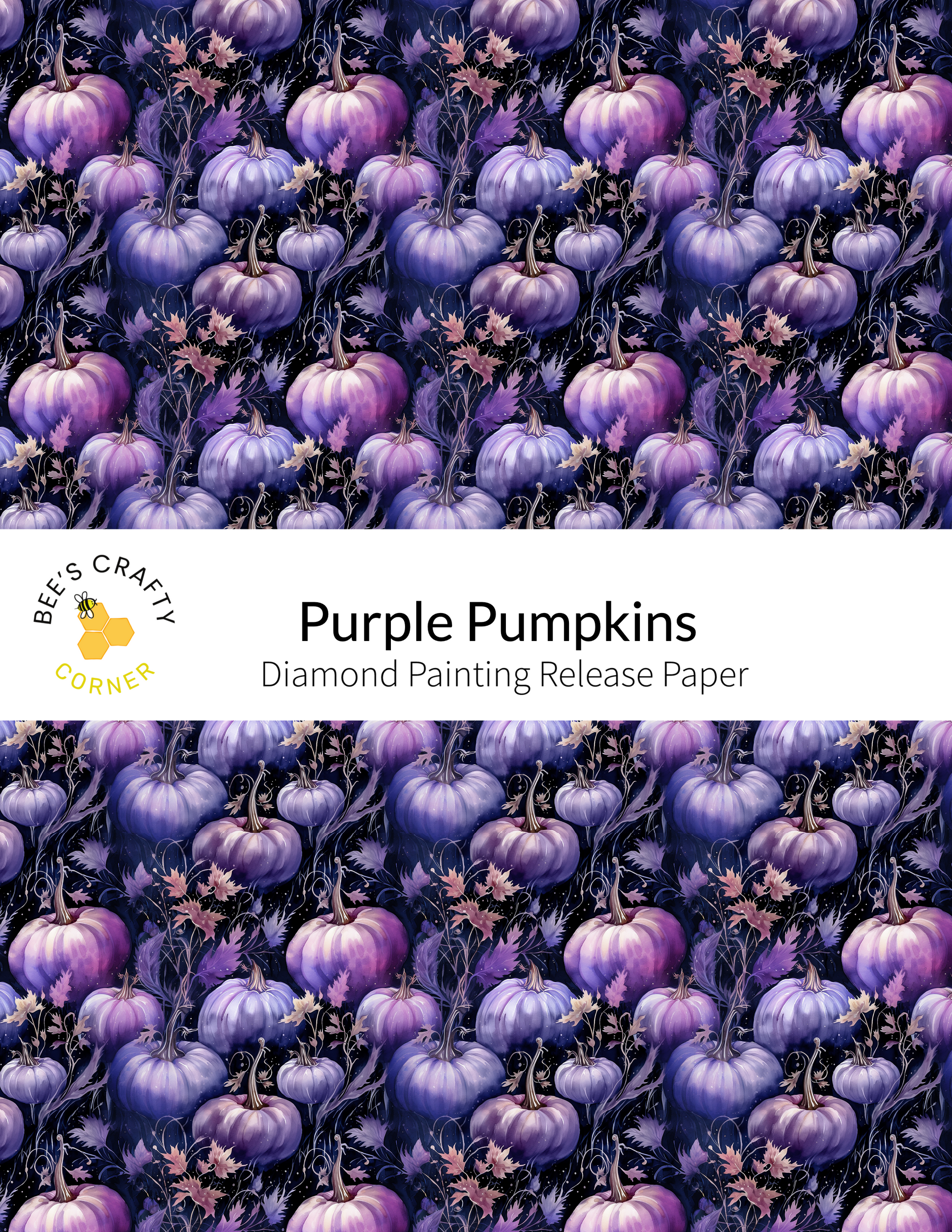 The image is a repeating pattern of purple pumpkins against a dark background, creating a visually striking and vibrant design.