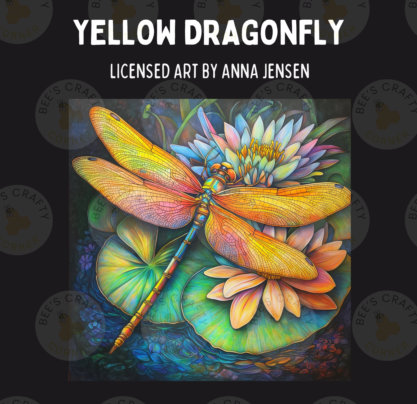 The image is a vibrant painting of a yellow dragonfly resting on a flower, surrounded by lily pads and other colorful aquatic plants.