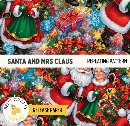 The image is a collage of various Christmas-themed illustrations, including Santa Claus, Mrs. Claus, and other holiday decorations such as snowflakes, ornaments, and presents. The collage features a repeating pattern of Santa and Mrs. Claus, along with other festive elements like snowflakes, stars, and candy canes.