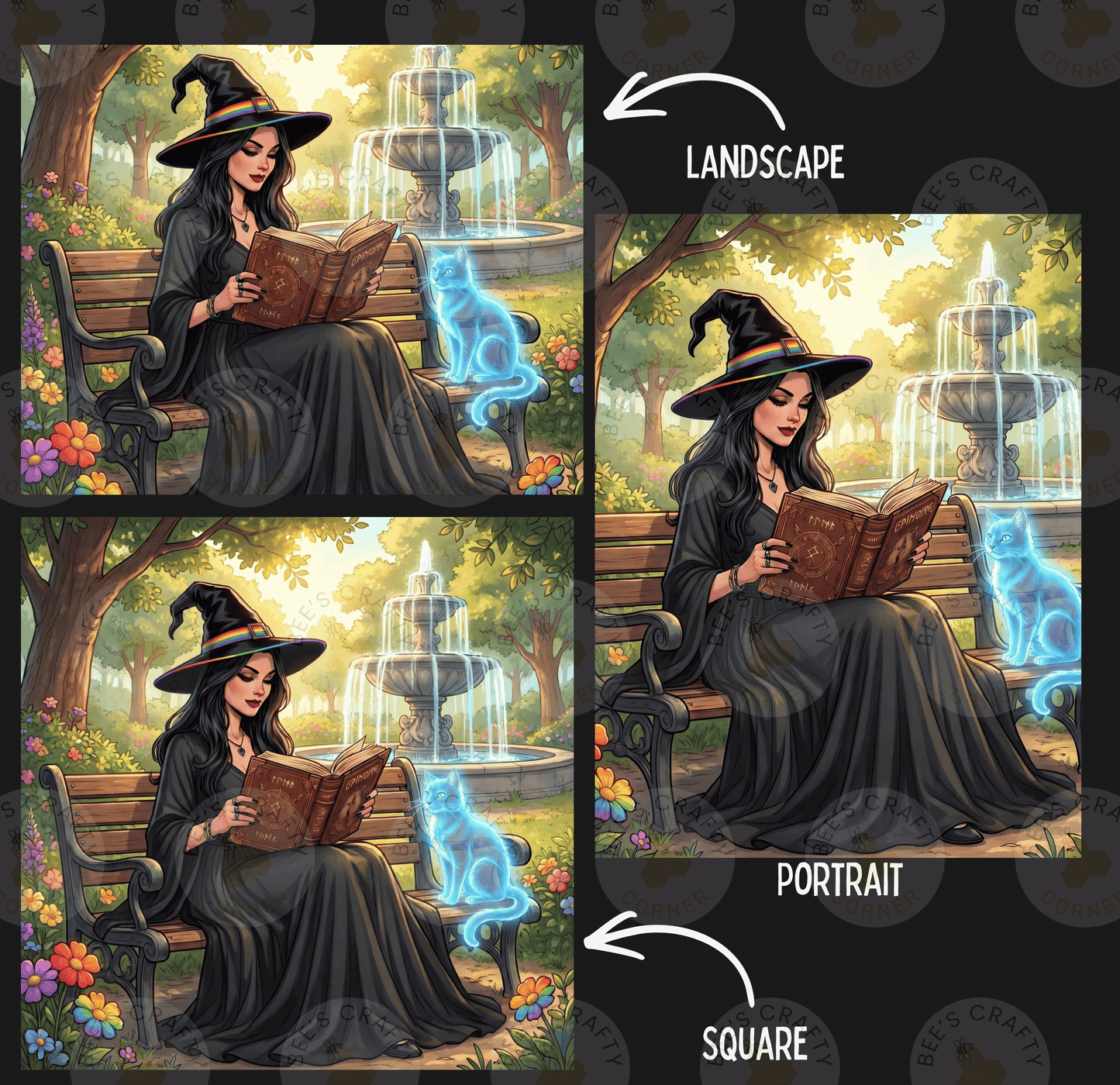 The image is a collage of three pictures depicting a woman in a witch's hat reading a book while sitting on a bench in a park.