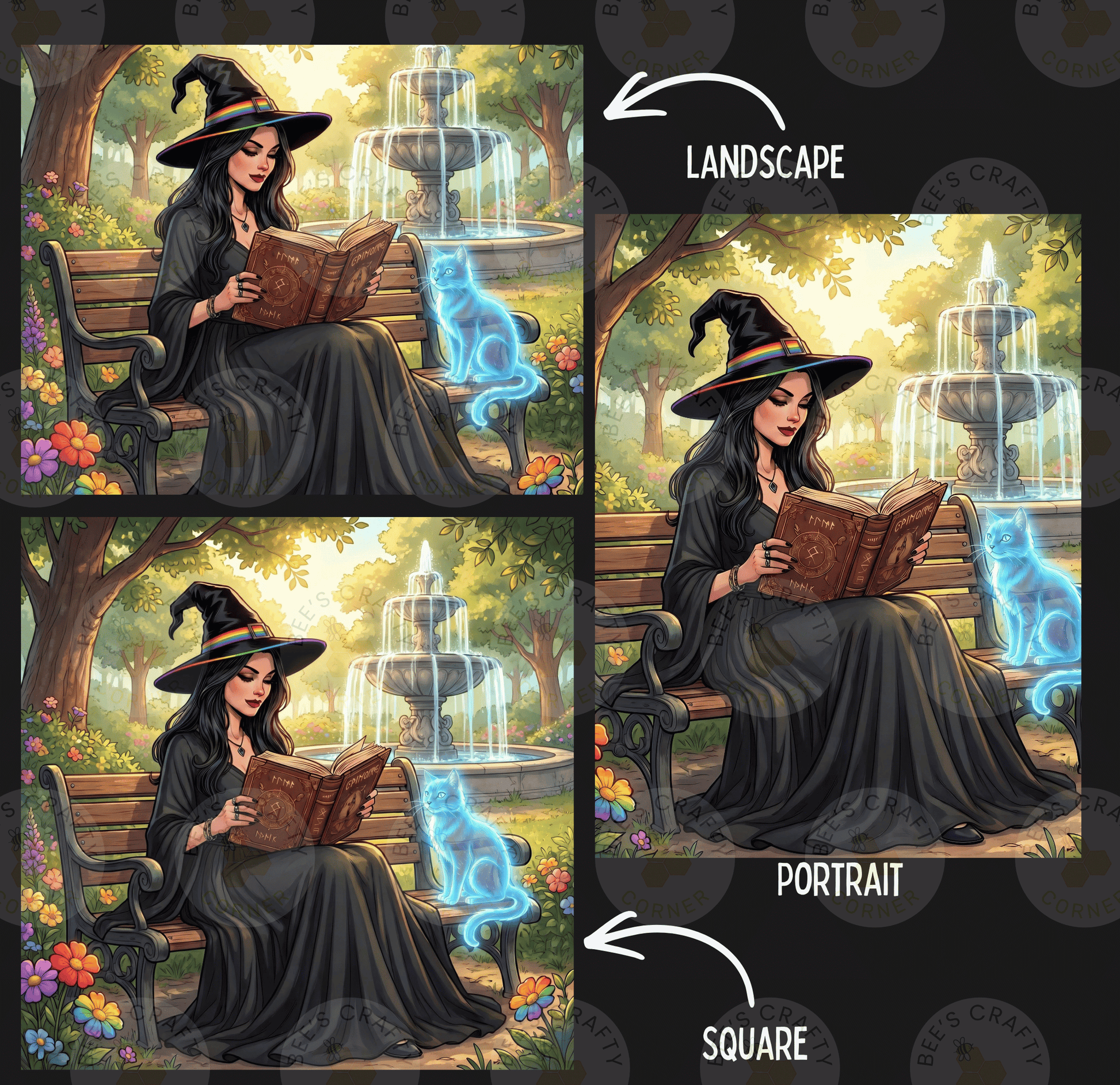 The image is a collage of three pictures depicting a woman in a witch's hat reading a book while sitting on a bench in a park.