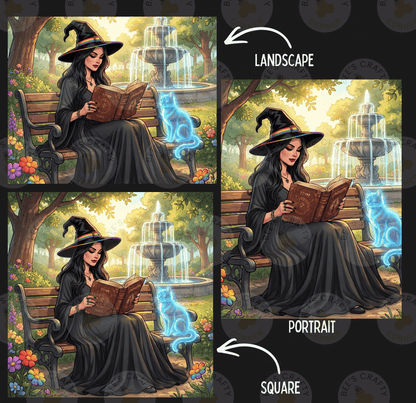 The image is a collage of three pictures depicting a woman in a witch's hat reading a book while sitting on a bench in a park.