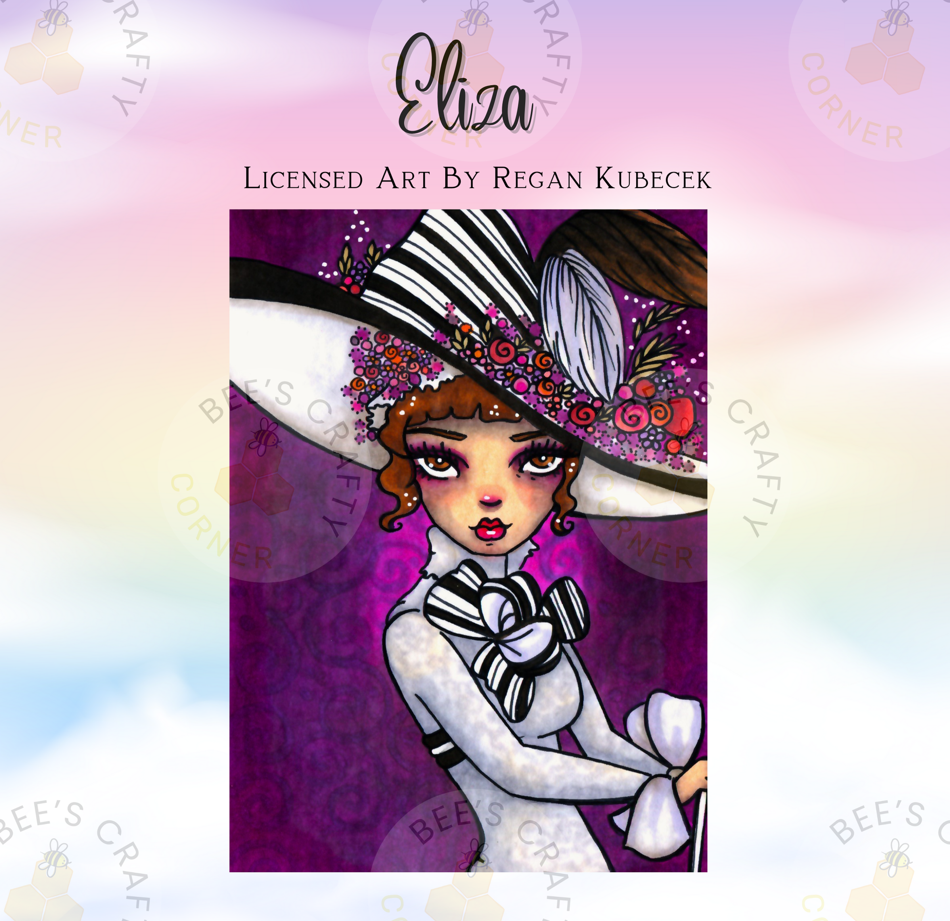 The image is a colorful illustration of a woman wearing a large, decorative hat with floral elements.