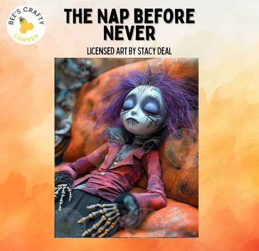 The image is a close-up of a creepy-looking doll with purple hair and a creepy expression, sitting on an orange surface.