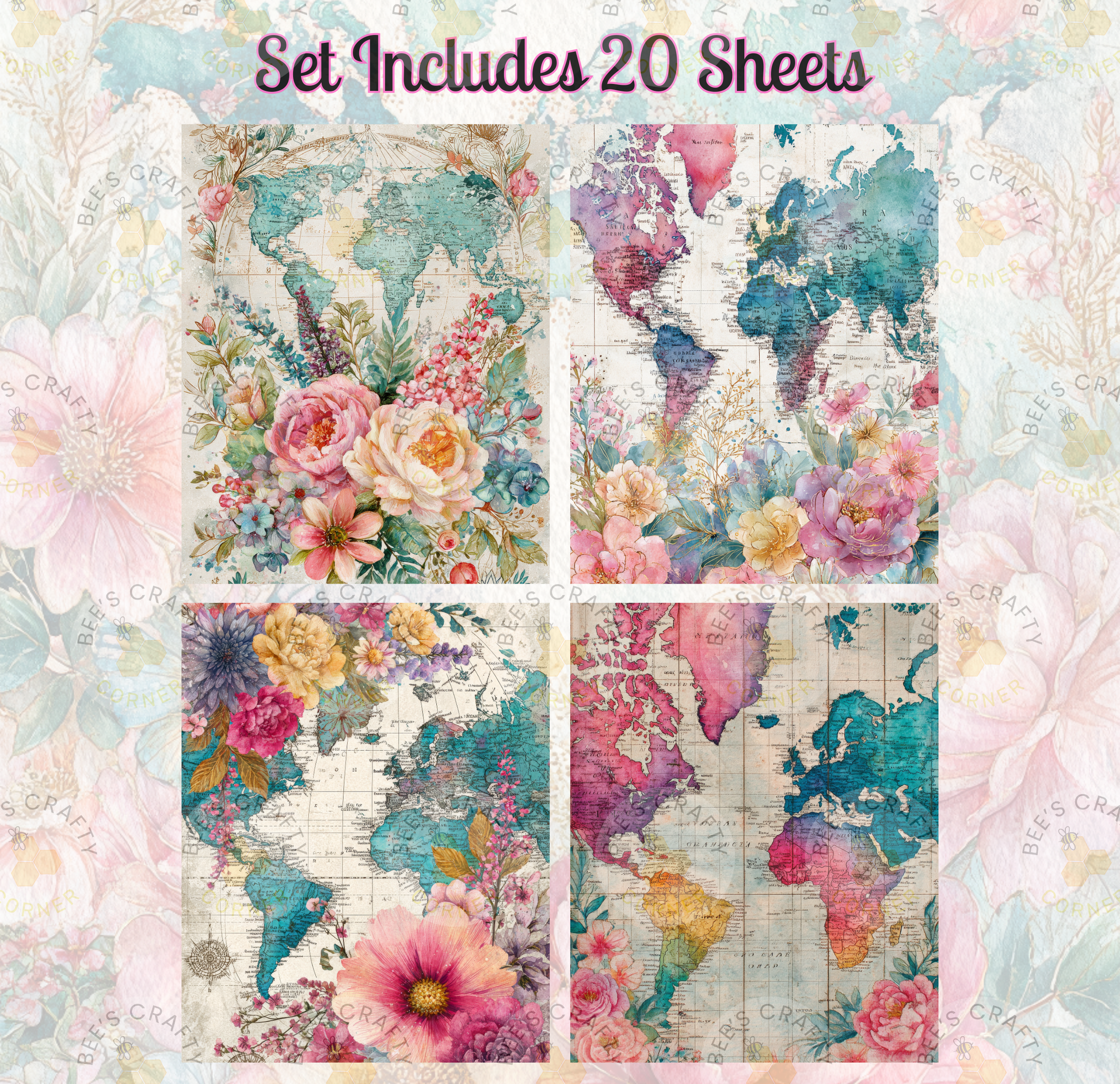 a set of four colorful and vibrant world maps, each adorned with a variety of flowers and foliage. The maps are arranged in a grid format, with each map featuring a different floral design. The overall composition of the image is visually appealing and showcases the artistic elements of the floral patterns and the world map designs.