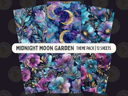The image is a theme pack for a "Midnight Moon Garden" collection, containing 12 sheets with a vibrant floral and moon-themed design.