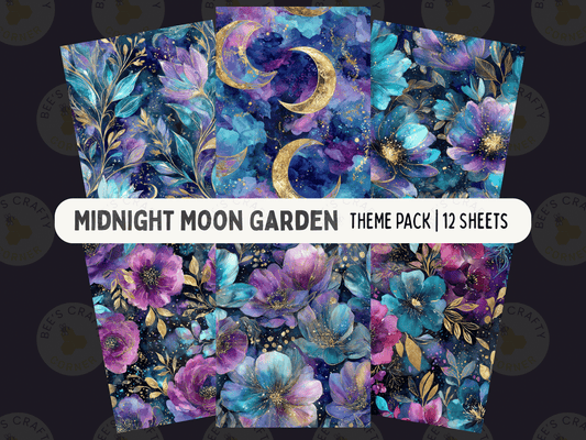 The image is a theme pack for a "Midnight Moon Garden" collection, containing 12 sheets with a vibrant floral and moon-themed design.