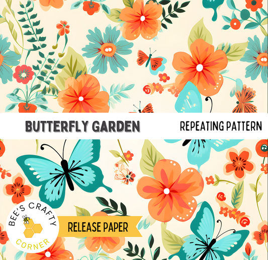 The image is a repeating pattern of colorful flowers and butterflies, including orange, blue, and green flowers, along with green leaves and butterflies.