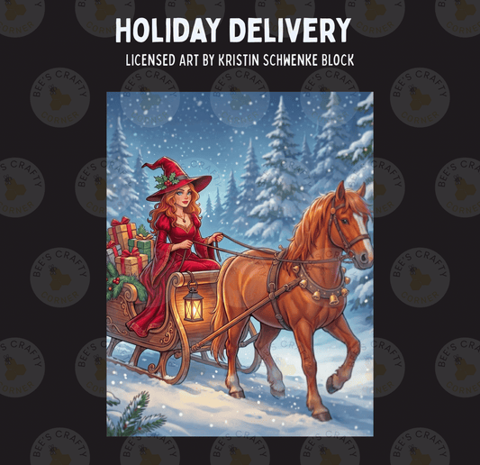 a woman in a red dress riding a horse-drawn sleigh through a snowy winter landscape, with a horse pulling the sleigh and a forest in the background.