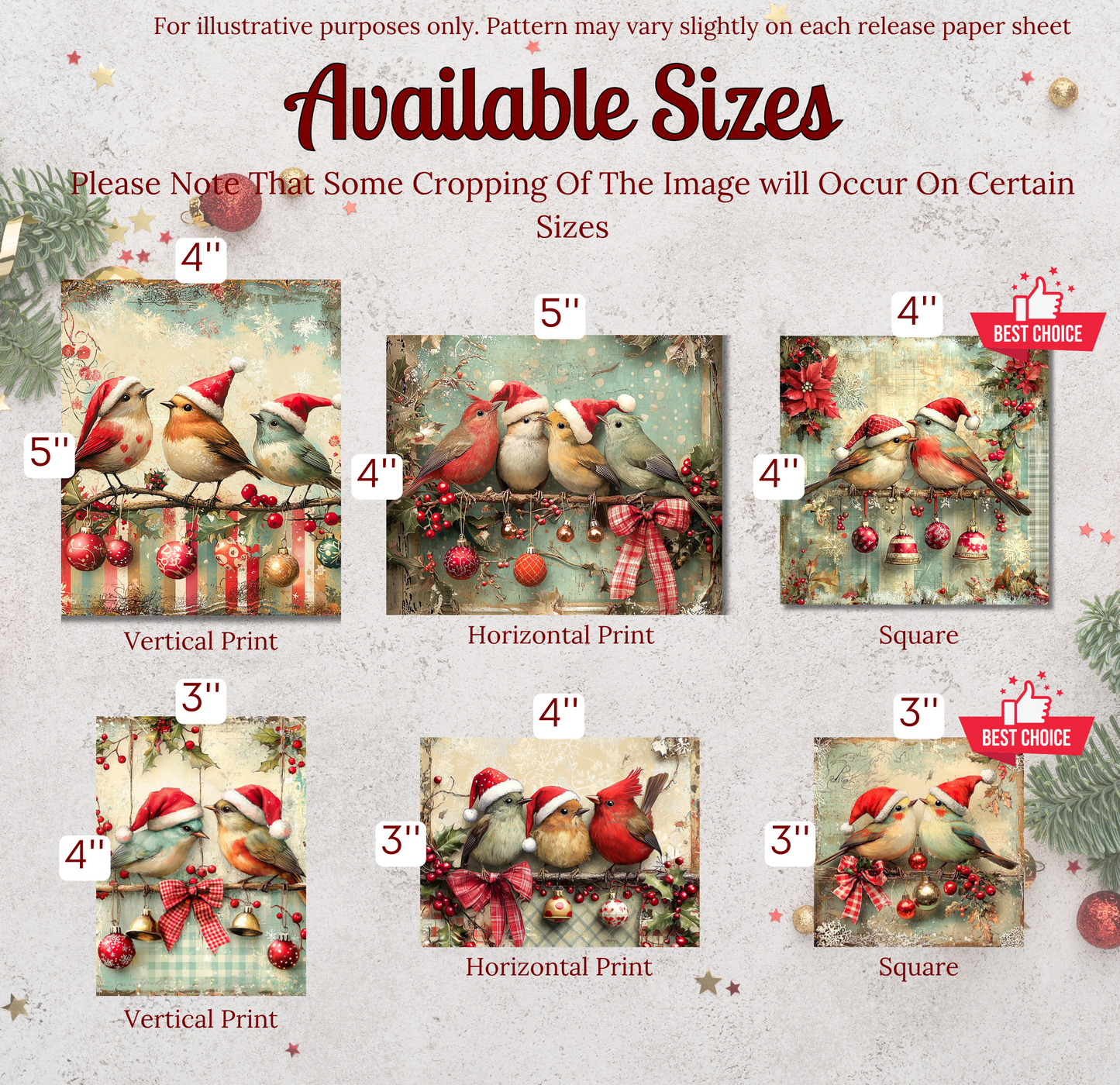 six different sizes of Christmas-themed paintings or prints, each featuring a group of birds wearing Santa hats. The sizes range from 4" to 3" in width, and the images are arranged in a grid format.