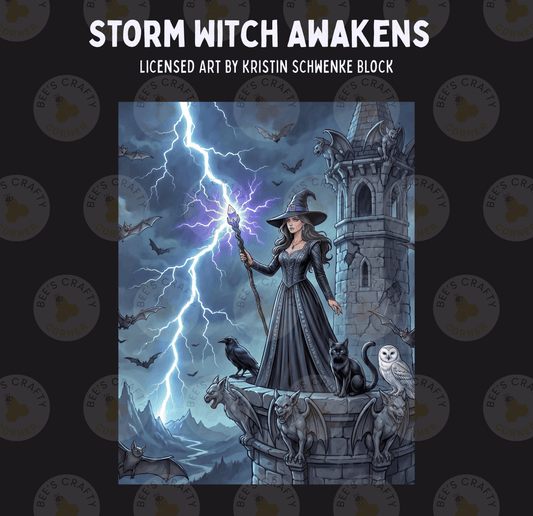 The image is a digital illustration depicting a witch standing on a cliff, surrounded by bats and a castle. She is holding a staff and appears to be awake, with lightning bolts and a stormy sky in the background.