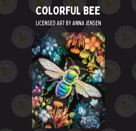 The image is a vibrant and colorful painting of a bee surrounded by a variety of flowers and foliage.