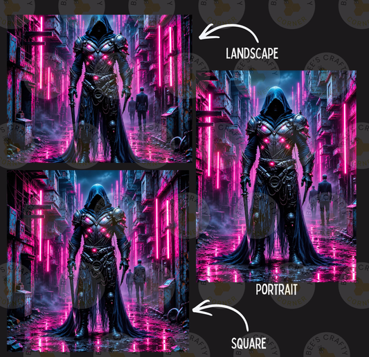The image is a collage of three images depicting a futuristic, hooded figure in a cityscape with neon lights. The first image shows the figure in a landscape setting, the second image shows the figure in a portrait, and the third image shows the figure in a square.