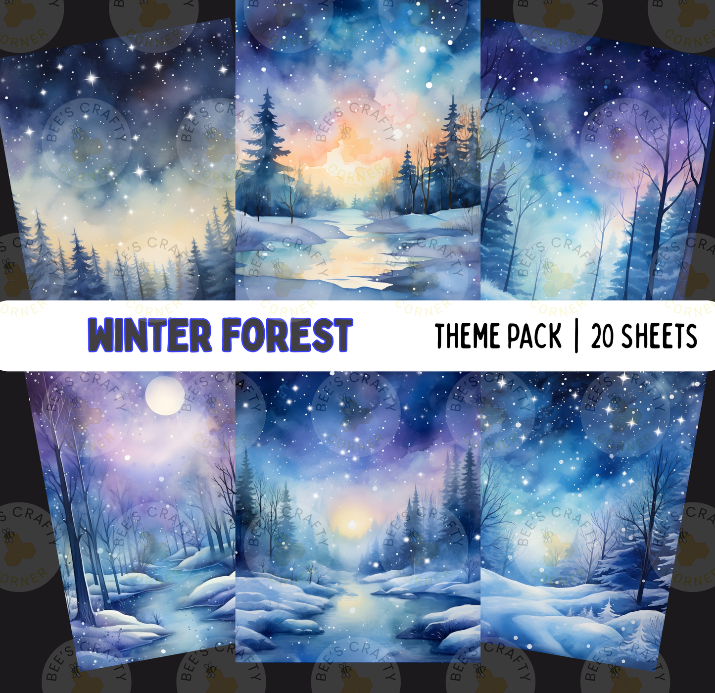 The image is a theme pack of winter forest scenes, containing 20 different winter forest landscape paintings.