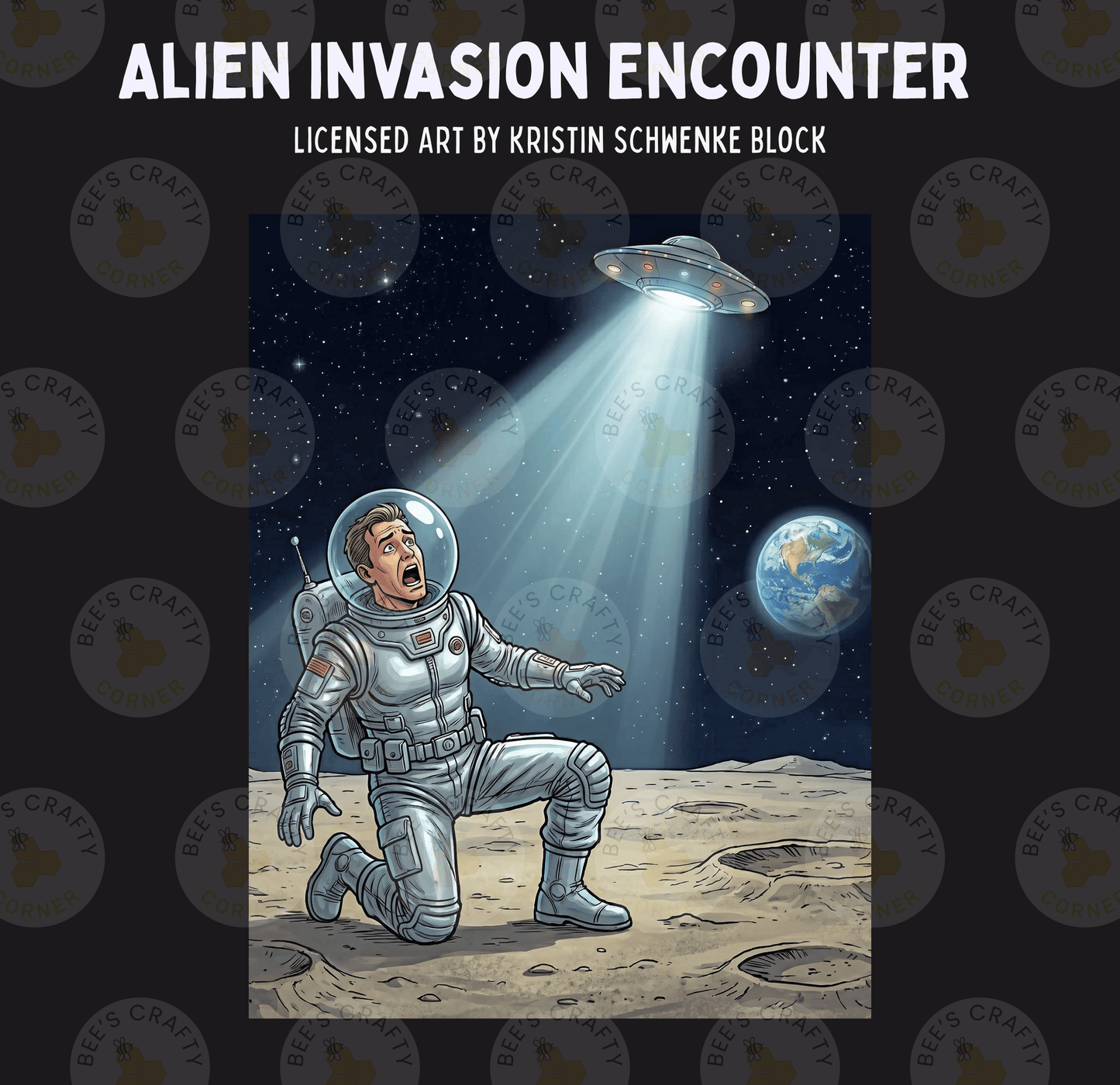 an alien spacecraft hovering above a man in a spacesuit on the moon, with the Earth visible in the background.