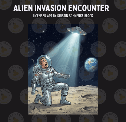 an alien spacecraft hovering above a man in a spacesuit on the moon, with the Earth visible in the background.