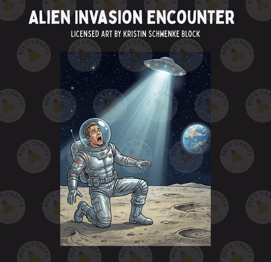 an alien spacecraft hovering above a man in a spacesuit on the moon, with the Earth visible in the background.