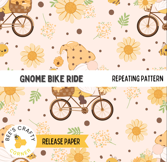 The image is a repeating pattern featuring a gnome riding a bicycle, with yellow flowers and leaves scattered throughout the background.
