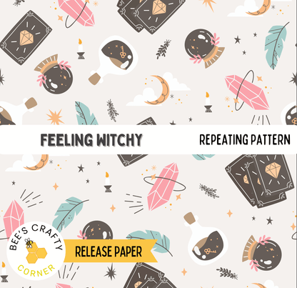 The image is a repeating pattern of various mystical and magical symbols, including crystals, gemstones, tarot cards, and other mystical objects. The pattern is designed to evoke a feeling of mystical or supernatural themes.
