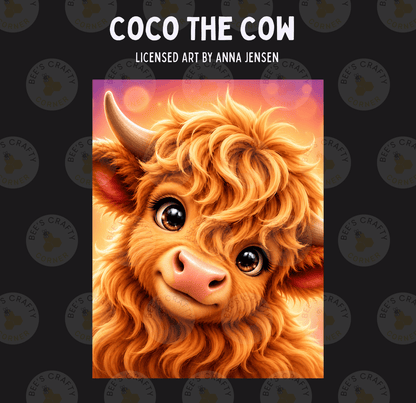 The image is a digital illustration of a cow with a friendly expression, featuring a close-up view of its face and horns.