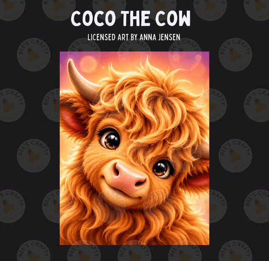 The image is a digital illustration of a cow with a friendly expression, featuring a close-up view of its face and horns.