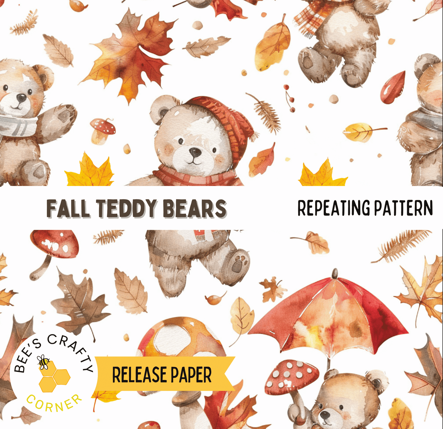 The image is a collage of various fall-themed elements, including teddy bears, mushrooms, leaves, and umbrellas, all set against a white background.
