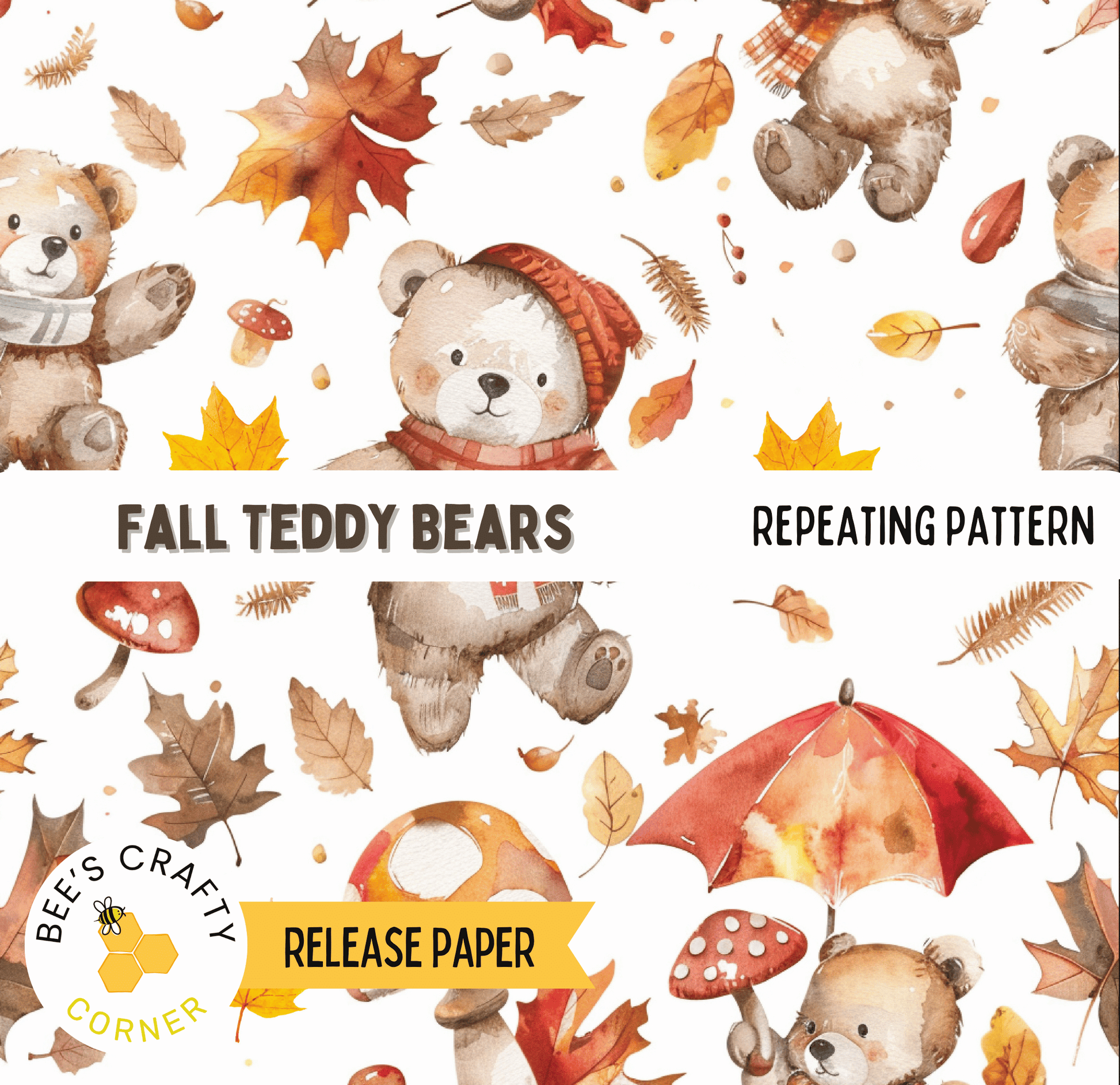 The image is a collage of various fall-themed elements, including teddy bears, mushrooms, leaves, and umbrellas, all set against a white background.