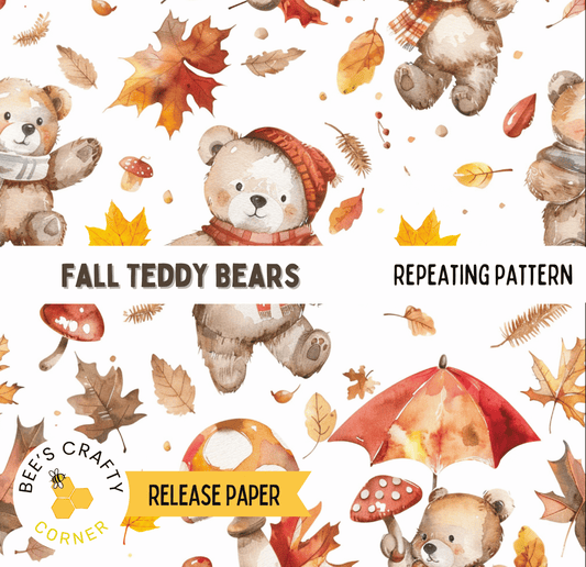 The image is a collage of various fall-themed elements, including teddy bears, mushrooms, leaves, and umbrellas, all set against a white background.