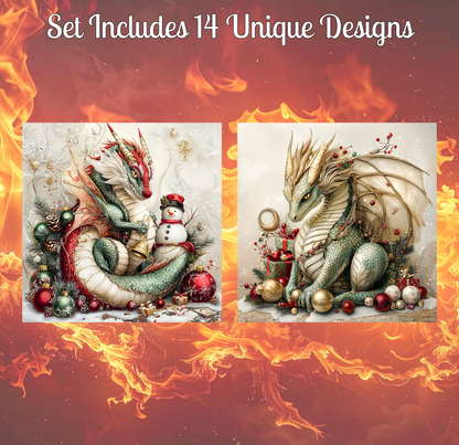 two unique dragon designs, each with its own distinct style and decorations. The dragons are surrounded by various Christmas-themed elements, such as ornaments, a snowman, and a gift box. The background of the image is a fiery red color, creating a striking contrast with the dragon designs.