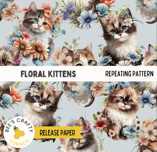 The image is a repeating pattern of floral kittens, featuring cats with flower crowns on their heads.