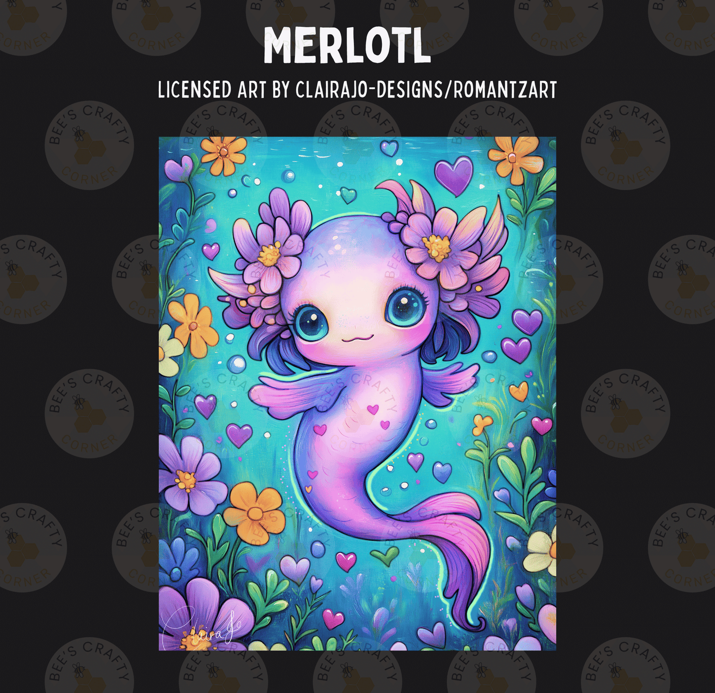 The image is a vibrant and whimsical illustration featuring a mermaid-like creature surrounded by a lush, colorful underwater scene with flowers, plants, and bubbles.