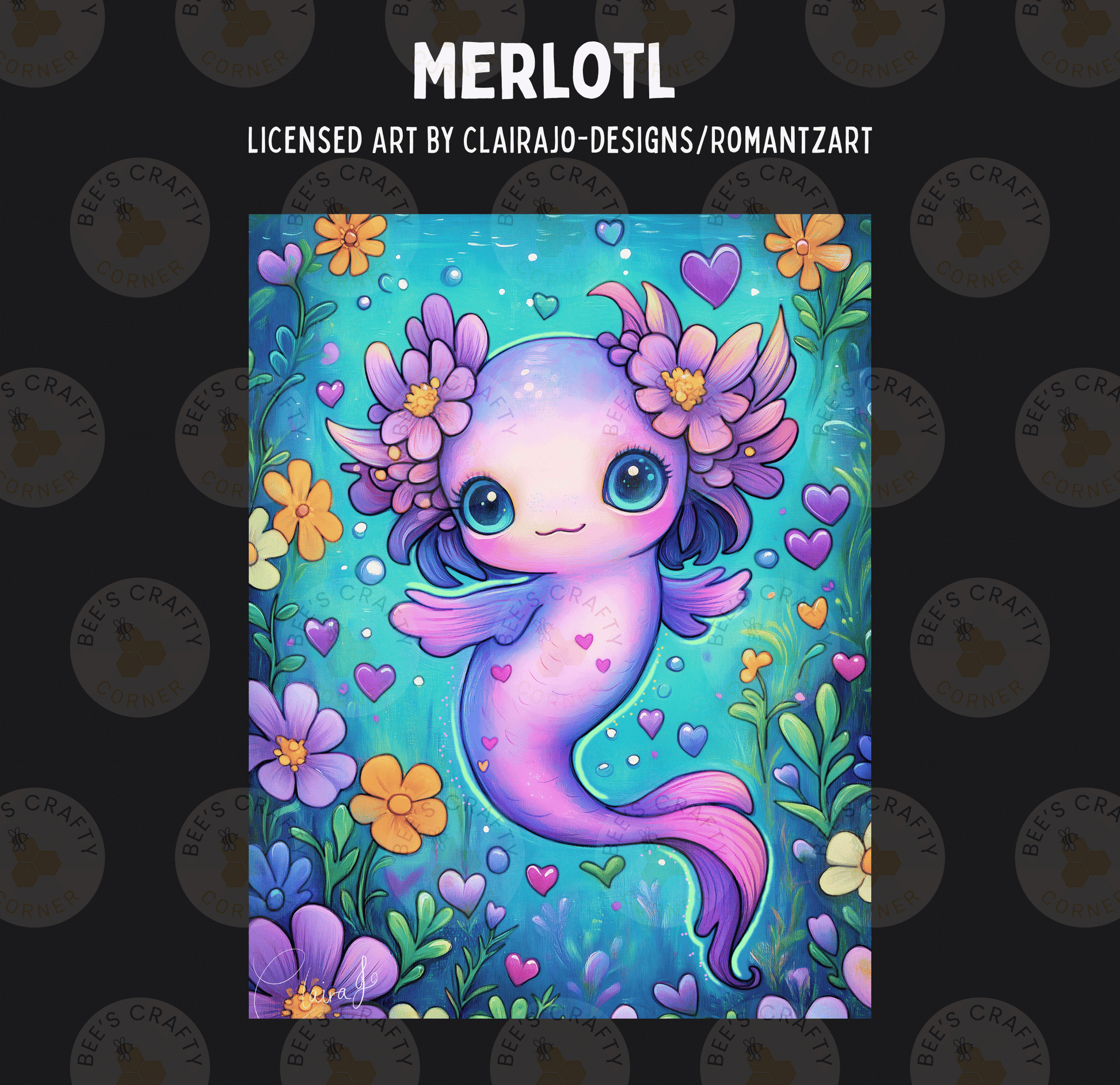 The image is a vibrant and whimsical illustration featuring a mermaid-like creature surrounded by a lush, colorful underwater scene with flowers, plants, and bubbles.
