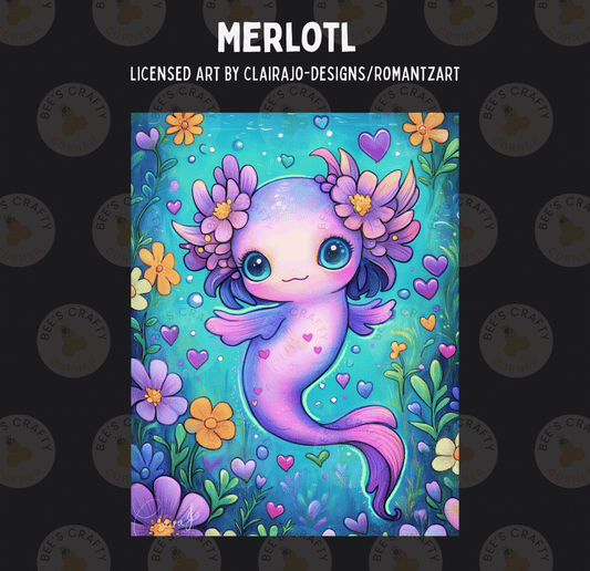 The image is a vibrant and whimsical illustration featuring a mermaid-like creature surrounded by a lush, colorful underwater scene with flowers, plants, and bubbles.