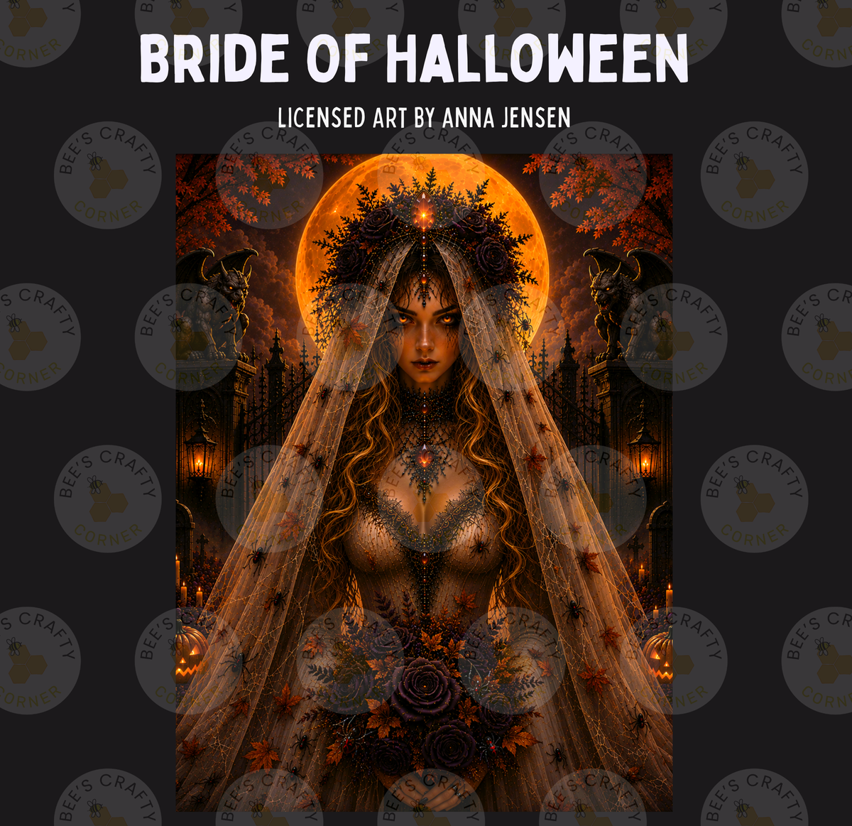 The image is a digital artwork depicting a woman wearing a veil and a large headdress, surrounded by a dark, spooky atmosphere with a full moon and autumn leaves.