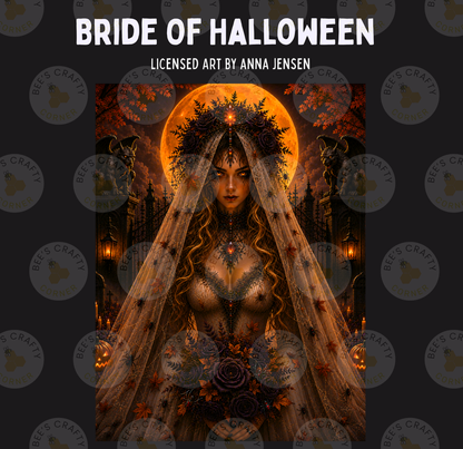 The image is a digital artwork depicting a woman wearing a veil and a large headdress, surrounded by a dark, spooky atmosphere with a full moon and autumn leaves.