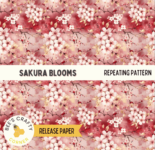 The image is a repeating pattern of pink and white cherry blossom flowers, with the text "Sakura Blooms" and "REPEATING PATTERN" displayed prominently.