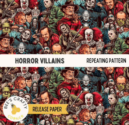 The image is a repeating pattern of various horror movie characters, including clowns, zombies, and other spooky figures, creating a visually striking and chaotic collage.