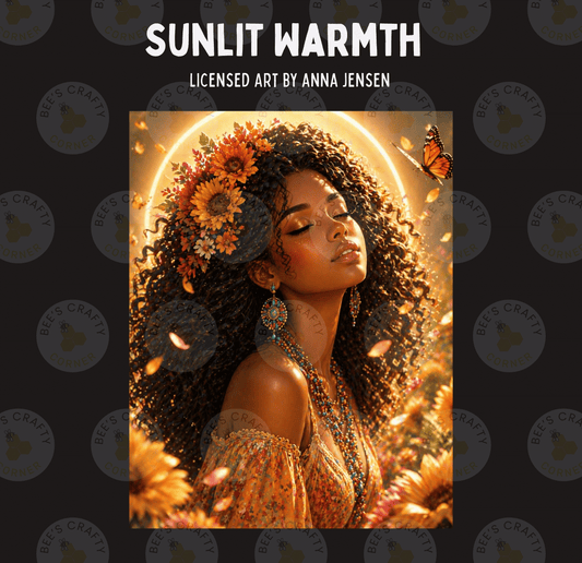 The image is a collage featuring a woman with curly hair and a flower crown, surrounded by sunflowers and butterflies.