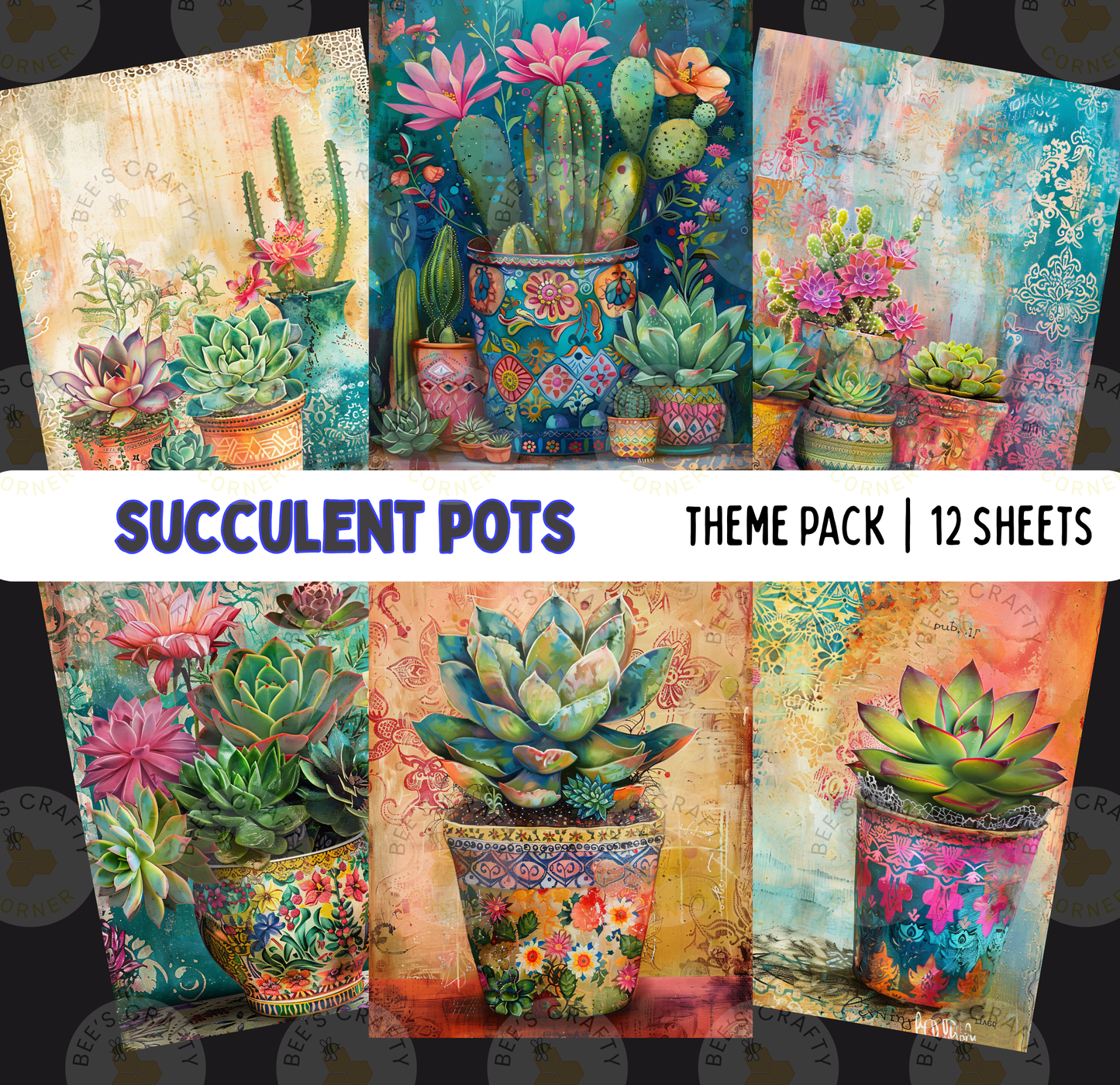 The image is a collage of 12 colorful and vibrant images of potted succulents, each featuring a different arrangement of plants and decorative elements. The images showcase a variety of succulent species and pot styles, creating a visually appealing and diverse collection.