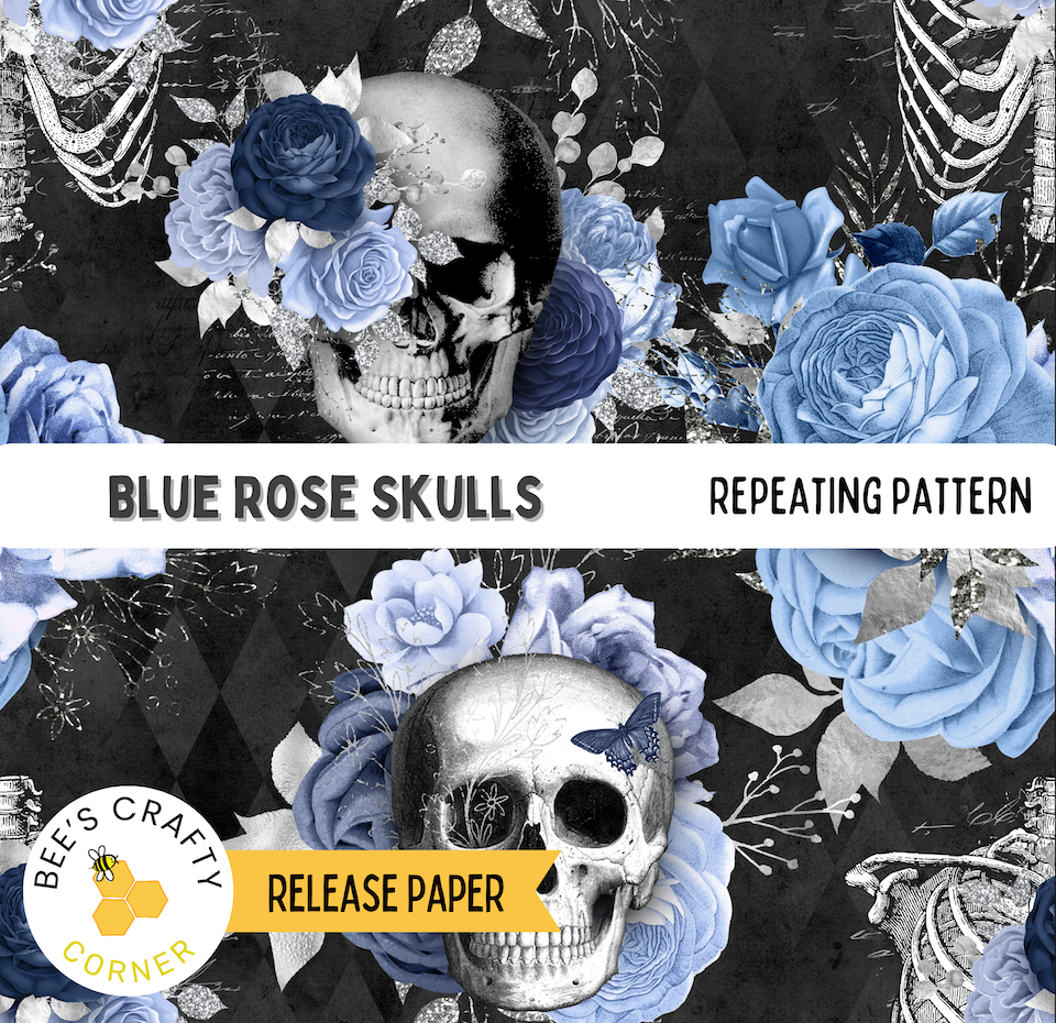 The image is a repeating pattern featuring blue roses and skulls against a dark background.