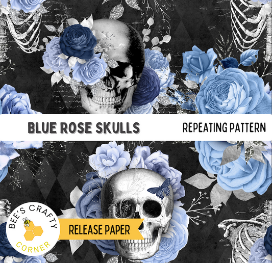 The image is a repeating pattern featuring blue roses and skulls against a dark background.