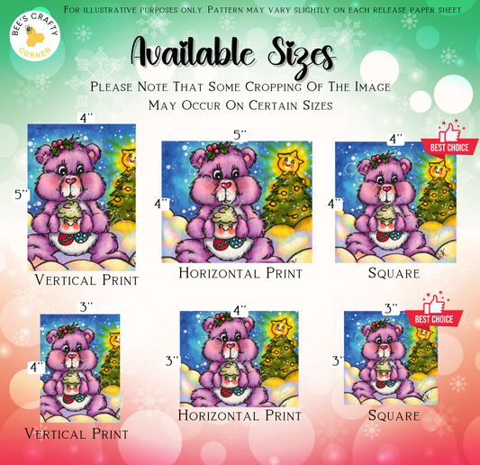 The image is a collage of six different sizes of illustrations of a purple bear holding a cup, each depicting a unique scene. The illustrations are arranged in a grid format, with three images in each row and two images in each column. The sizes of the illustrations vary, ranging from 4" to 5" in height. The collage is intended for illustrative purposes, and the text provides information about the available sizes, including that some cropping may occur on certain sizes.