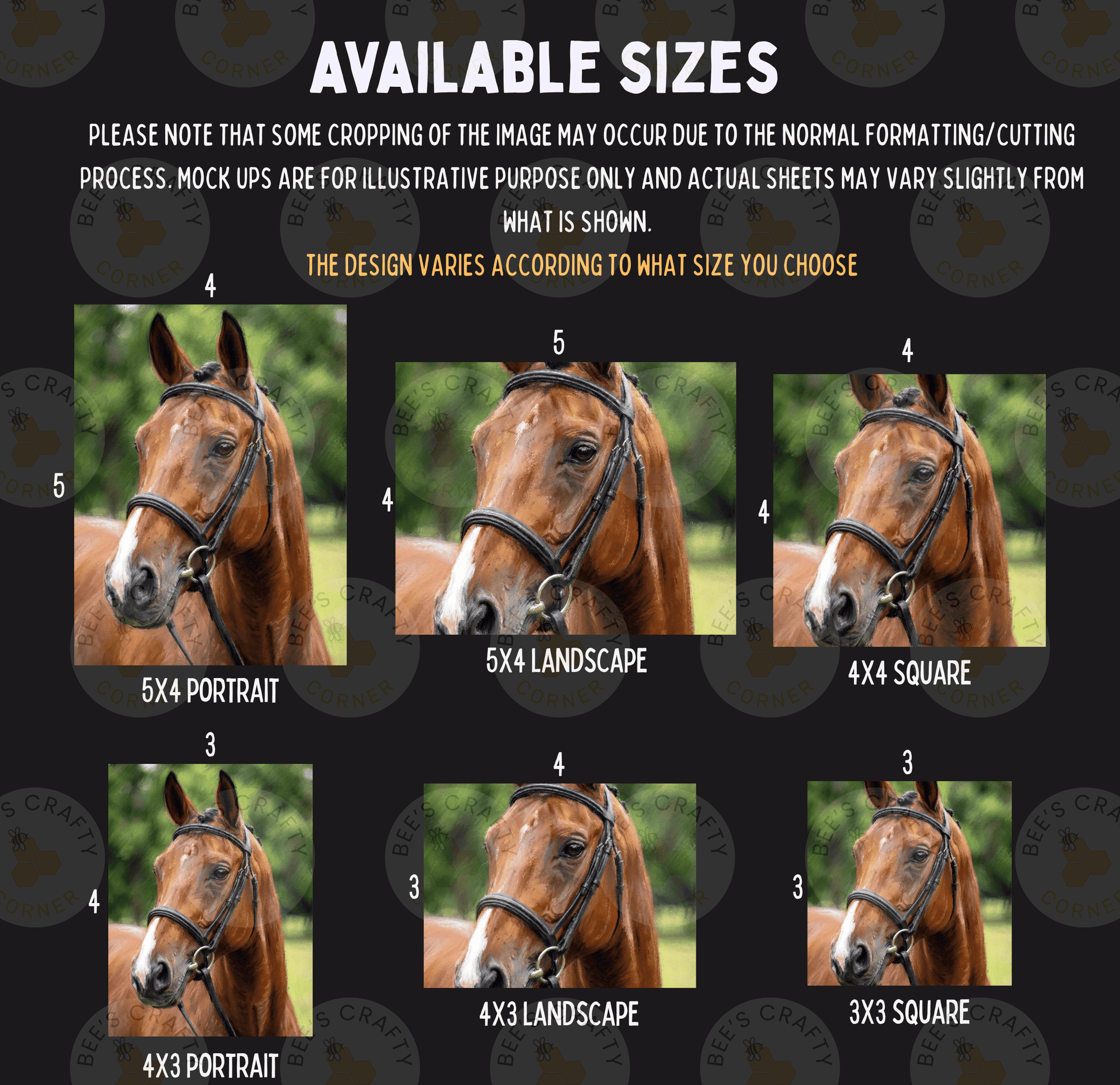The image is a collage of six images showing different sizes of horse headgear, including a 5x4 portrait, 5x4 landscape, 4x3 square, 4x3 portrait, and 3x3 square.