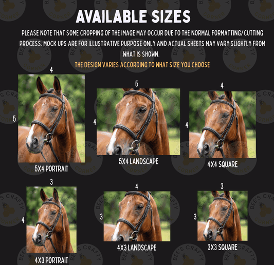 The image is a collage of six images showing different sizes of horse headgear, including a 5x4 portrait, 5x4 landscape, 4x3 square, 4x3 portrait, and 3x3 square.