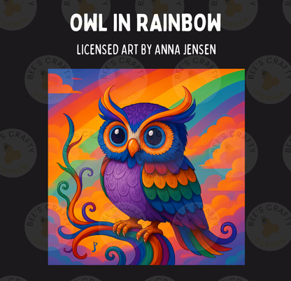 a colorful owl sitting on top of a tree branch