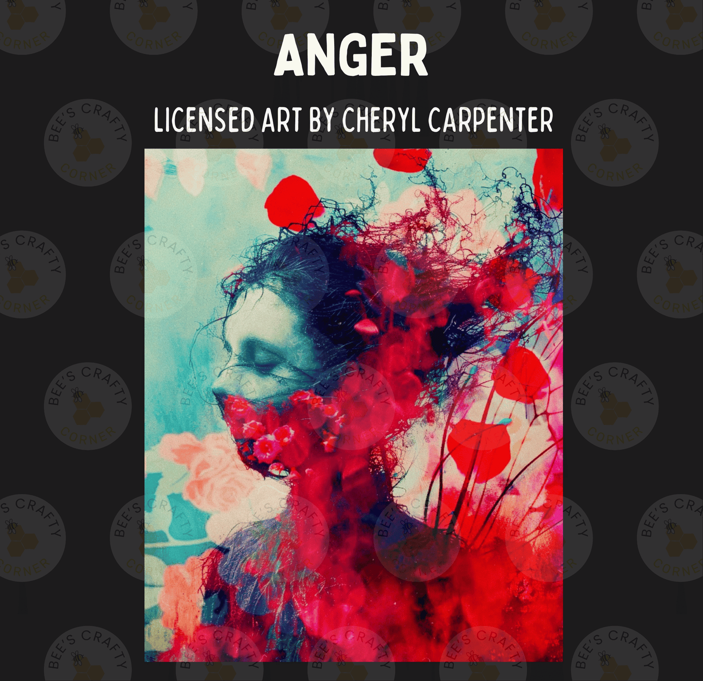 The image is a collage of various artistic elements, including a close-up of a person's face with a red and black color scheme, as well as a background with red flowers and a blue and green color scheme.