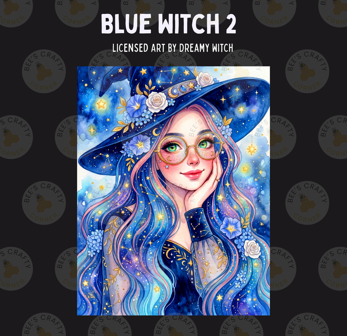 The image is a digital illustration featuring a woman with long, flowing blue hair and a blue witch hat adorned with flowers and stars. She is wearing round glasses and has a pensive expression on her face. The background is filled with a starry night sky, creating a magical and enchanting atmosphere.