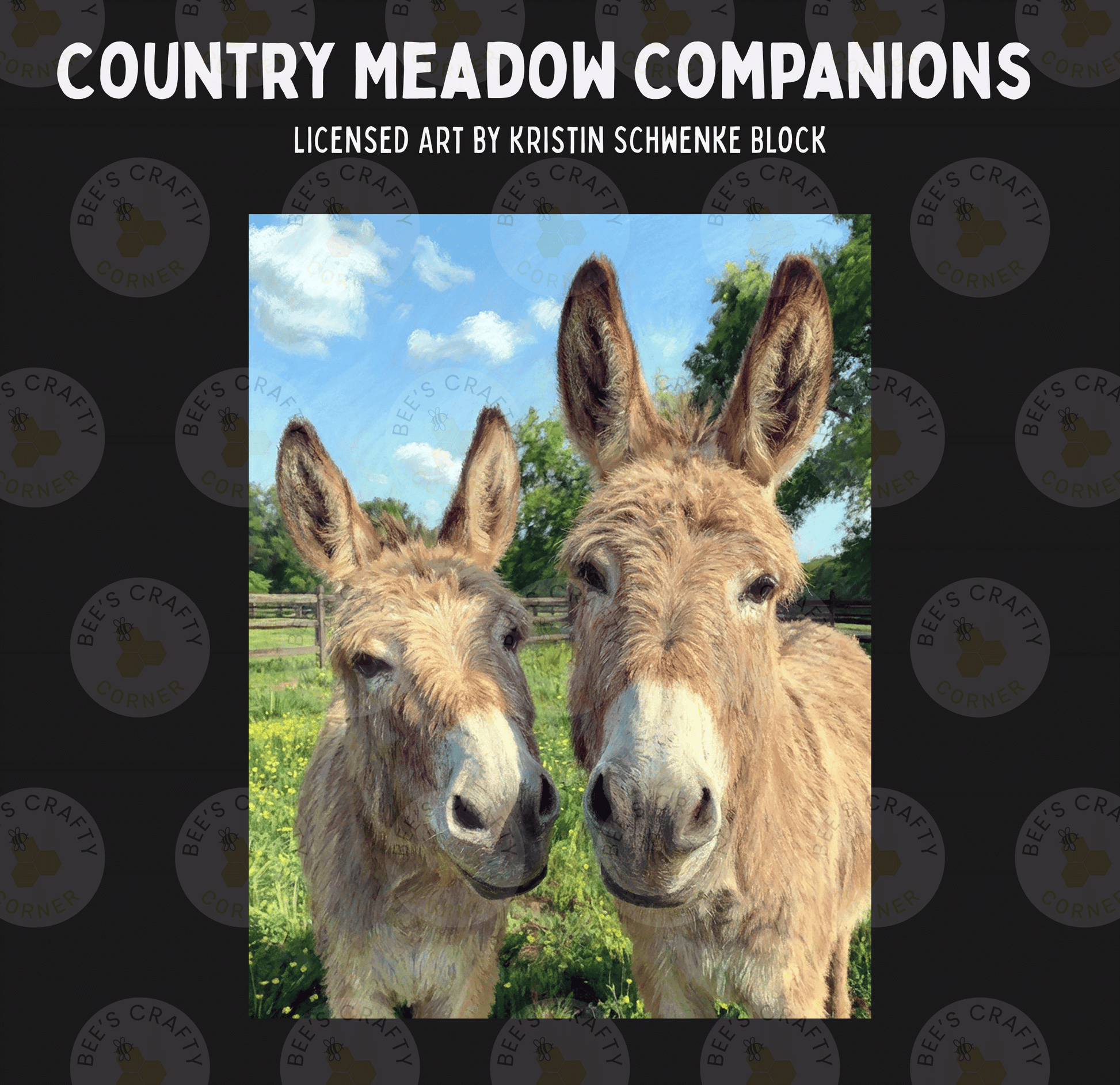 Two donkeys standing together in a field, with a blue sky and trees in the background.