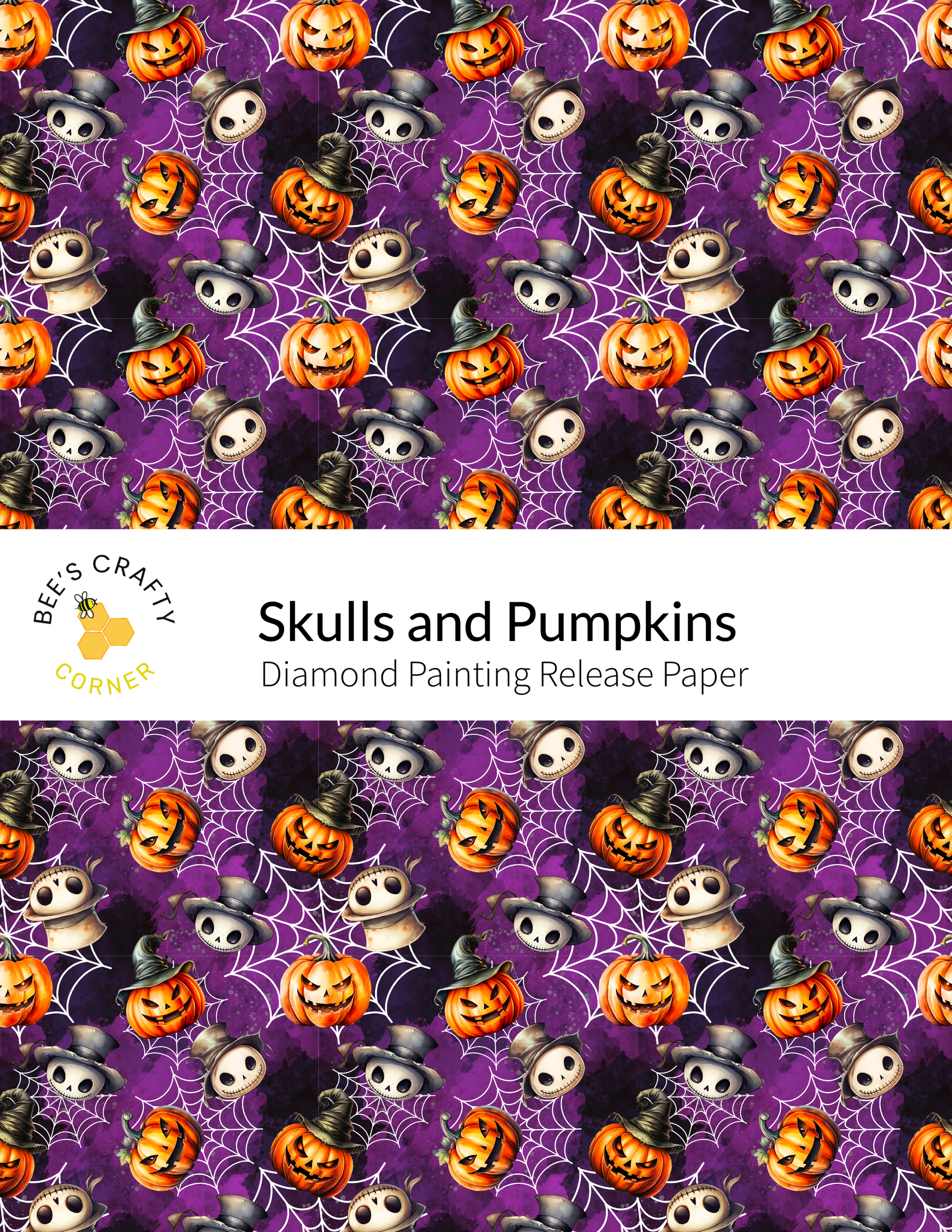 The image is a repeating pattern of skulls and pumpkins against a purple background, creating a Halloween-themed design.